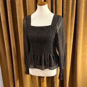 Nine West Black and Brown Square Neck Peplum Top with Sheer Sleeves / Small